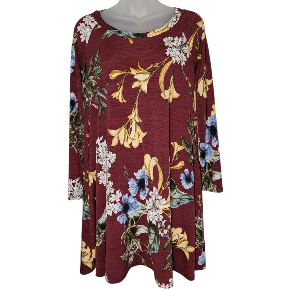 Oversized Small Burgundy Floral Lightweight Long Sleeve Dress Spring Pocketed
